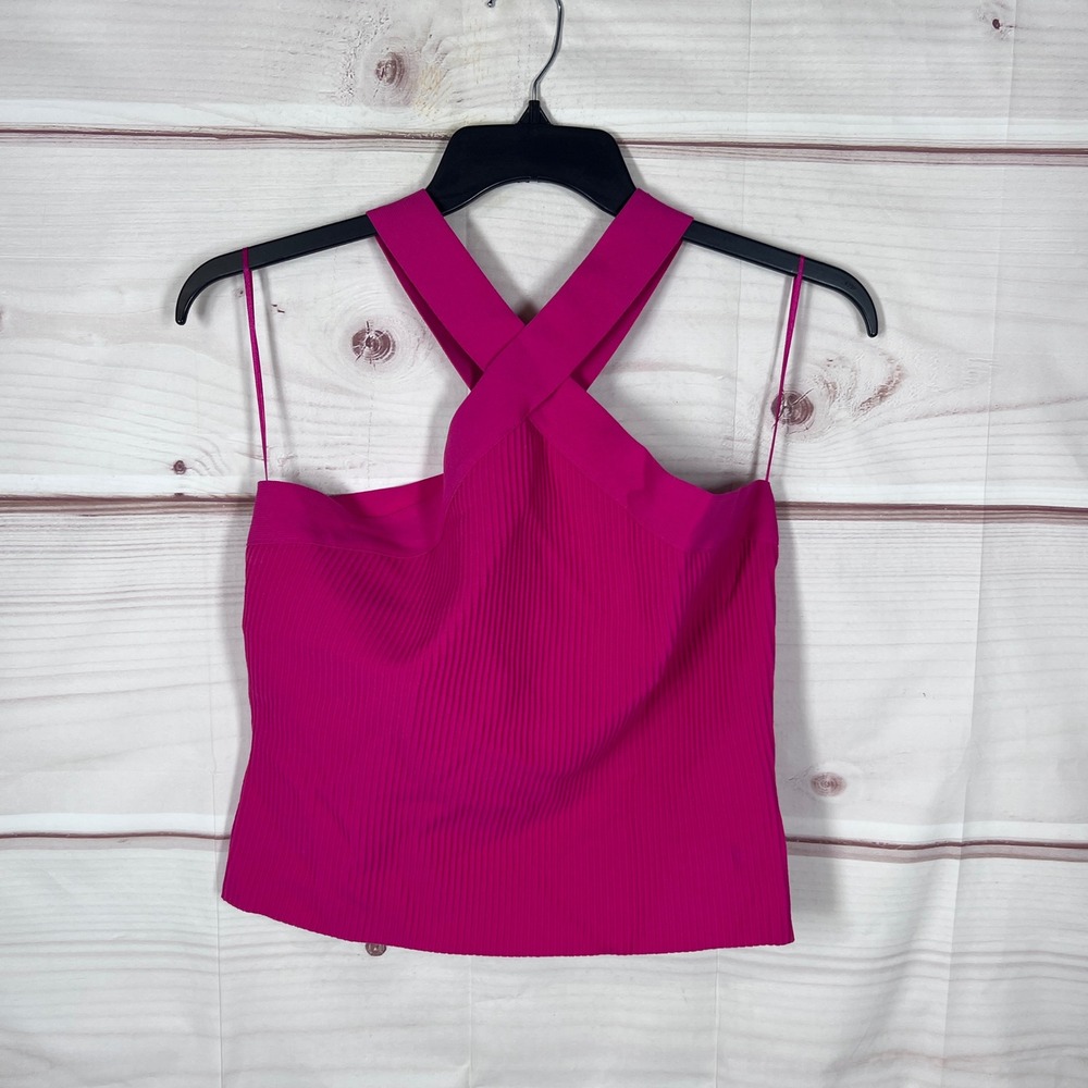 Bailey 44 Tank Top Women XL Pink Ribbed Halter Cross Front Sleeveless Cropped